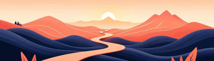 Poster - A tranquil landscape featuring rolling hills at sunset, with a winding path that invites exploration through vibrant orange and blue hues.