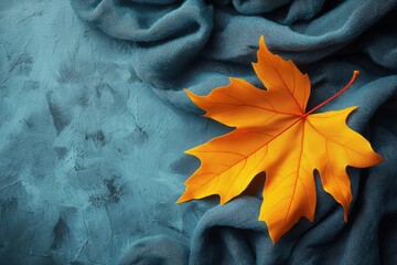 Wall Mural - A vibrant orange maple leaf rests on a textured blue fabric, showcasing autumn's beauty and seasonal change in a serene composition.