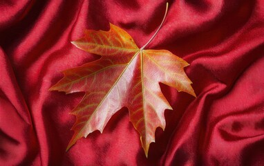 Wall Mural - A vibrant autumn leaf resting on luxurious red satin fabric, showcasing nature's beauty and contrasting textures in an artistic composition.