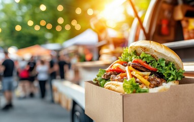 A mouthwatering gourmet burger topped with fresh vegetables and served in a natural setting, perfect for food lovers and culinary enthusiasts.