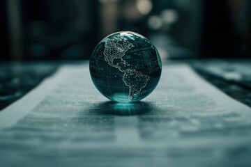 Poster - A crystal globe showcasing the Americas, resting on a pile of documents, symbolizing global business and connectivity.