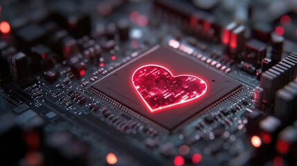 Poster - Computer featuring a heart shaped CPU chip set against a dark background with selective focus and ample copy space