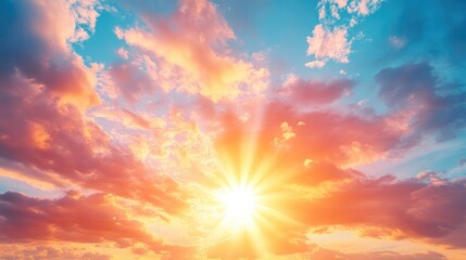 Poster - vivid sunset sky with dramatic clouds and a radiant sun backdrop
