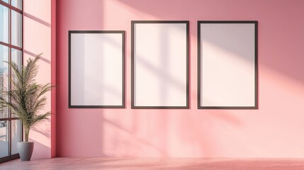 Poster - Blank picture frames against a pink wall in a loft setting An indoor gallery wall showcasing empty poster frames