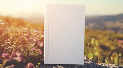 Poster - Mockup of a blank white book cover set against a bright sunny backdrop