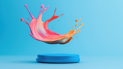 Poster - Vibrant splash of pink and orange paint against a soothing blue background, showcasing creativity and artistic expression in a dynamic composition.
