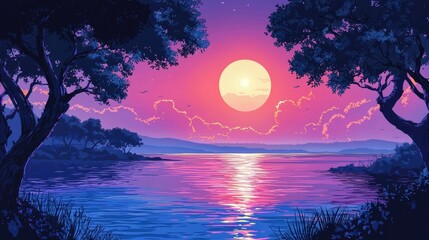 Poster - A vibrant sunset over a tranquil lake, framed by silhouetted trees, showcasing a serene natural landscape with colorful reflections.