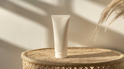 Poster - empty skincare tube mockup on a rattan table with a neutral wall background