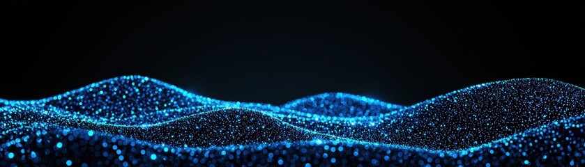 Poster - A mesmerizing landscape of glowing blue waves created by shimmering particles, evoking a sense of tranquility and digital artistry.