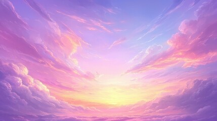 Wall Mural - A breathtaking sunset sky filled with soft pastel clouds, illuminating the horizon with shades of pink and purple, creating a serene atmosphere.