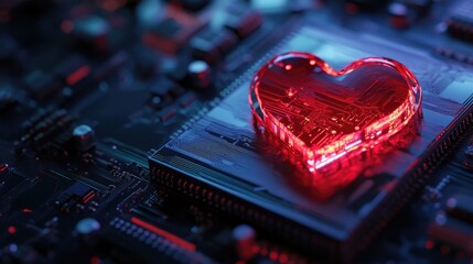Poster - Computer featuring a heart shaped CPU chip set against a dark background with selective focus and ample copy space