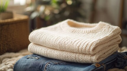 A folded cream knit sweater sits atop neatly arranged denim jeans enhanced by minimalistic decor and ample copy space