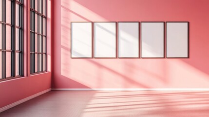 Poster - Blank picture frames against a pink wall in a loft setting An indoor gallery wall showcasing empty poster frames
