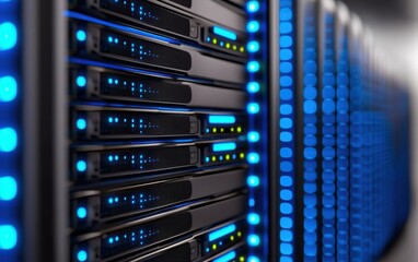 Poster - High-tech server room featuring racks of servers with glowing blue lights, representing advanced technology and data storage solutions.
