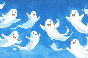 Poster - A whimsical illustration of playful ghosts in a bright blue sky, showcasing joyful expressions and a lighthearted atmosphere. Perfect for Halloween.