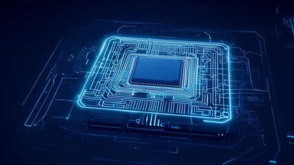 Spinning holographic wireframe of an AI processor with glowing blue circuits against a dark blue background.