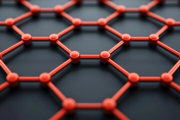 Poster - Close-up view of an intricate red hexagonal network structure, showcasing modern design elements and scientific themes in a vibrant, abstract style.