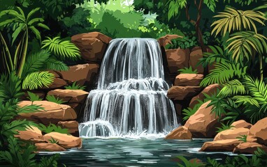 A serene waterfall cascades over rocks, surrounded by lush greenery and vibrant plants, creating a tranquil atmosphere in the heart of nature.