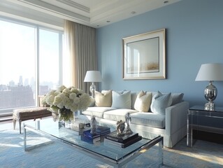 Sky blue walls paired with glass coffee tables and polished chrome lighting fixtures for a stylish, contemporary feel