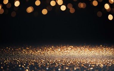 Poster - A mesmerizing background showcasing shimmering golden bokeh lights on a dark surface, perfect for festive or elegant design concepts.