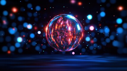 Poster - A stunning abstract sphere surrounded by vibrant glowing particles, creating a mesmerizing visual effect in a dark, atmospheric background.