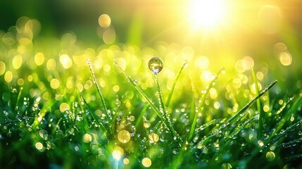 Poster - Glistening water droplets on vibrant green grass illuminated by sunlight showcasing the freshness of nature Captivating macro shot highlighting the beauty and purity of the natural world