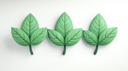 Poster - Three vibrant green leaves with intricate textures, symbolizing nature, freshness, and growth against a clean white background.