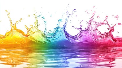 Poster - Rainbow colored water droplets splashing vibrant liquid in motion long banner format set against a white background