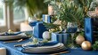 ©  AugmentArt - Festive blue table arrangement featuring gifts and a dinner setting with palm elements
