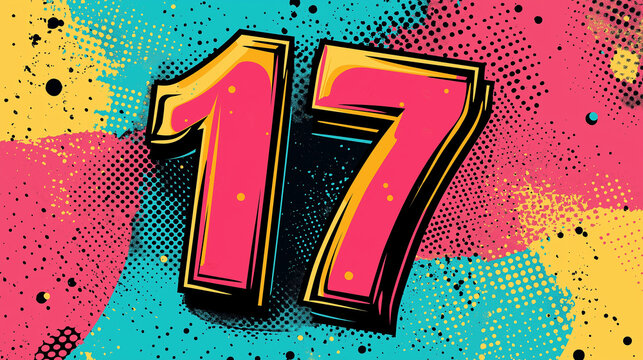 Pop art Alphabet number 17. Colorful background in pop art retro comic style.