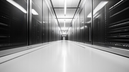 Poster - A monochrome photograph of an expansive hallway stretching deep within a modern data center