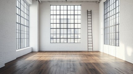 Poster - Spacious vacant apartment featuring a large window and a ladder
