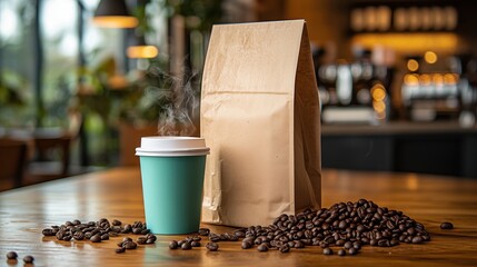 Steaming coffee cup and a brown paper bag on a wooden table with scattered coffee beans, representing a fresh brew experience. Perfect for content related to coffee shops or takeout beverages.