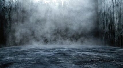 Poster - dark textured floor with mist or fog featuring an abstract black and gray cement wall in a studio se