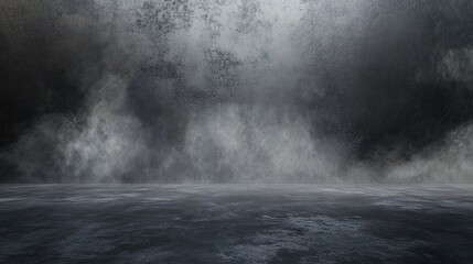 Poster - dark textured floor with mist or fog featuring an abstract black and gray cement wall in a studio se
