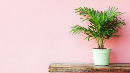Poster - Wooden tabletop with a potted green plant positioned against a soft pastel pink wall creates a fresh and contemporary setting