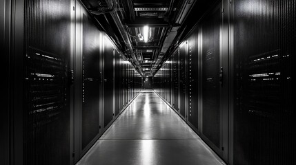 Poster - A monochrome photograph of an expansive hallway stretching deep within a modern data center
