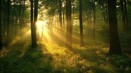 Poster - lush green forest bathed in the soft golden light of sunrise during the enchanting golden hour