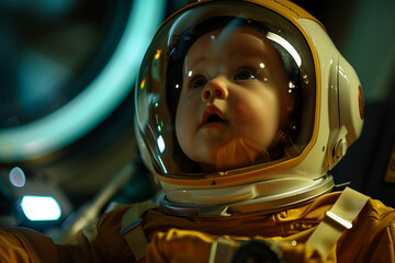 Baby astronaut exploring space in a futuristic helmet. Generative AI image