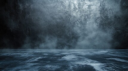 Poster - dark textured floor with mist or fog featuring an abstract black and gray cement wall in a studio se