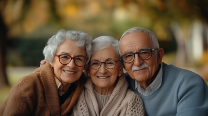 joyful elderly couple and woman with gray hair smile warmly together in serene outdoor setting, showcasing love and companionship.