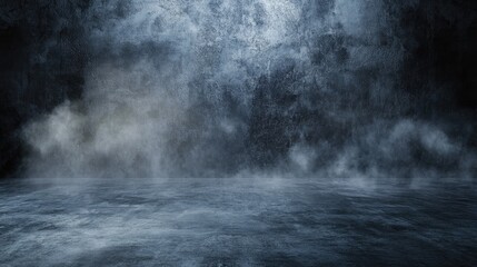 Poster - dark textured floor with mist or fog featuring an abstract black and gray cement wall in a studio se