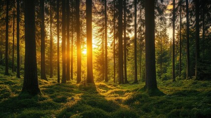 Poster - lush green forest bathed in the soft golden light of sunrise during the enchanting golden hour