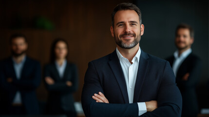 Confident businessman standing in front of team, showcasing leadership and professionalism in modern office environment.