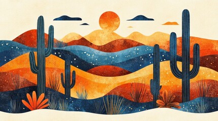 Poster - A breathtaking desert view unfolds as the sun sets, casting warm hues over the landscape, accented by various cacti and lush vegetation