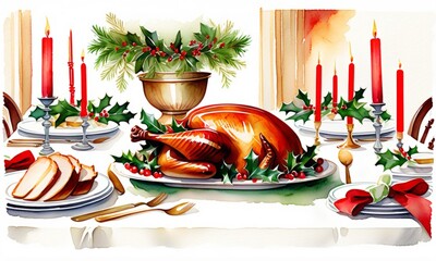 A festive holiday table setting featuring a roasted turkey, candles, and seasonal decorations during winter celebrations