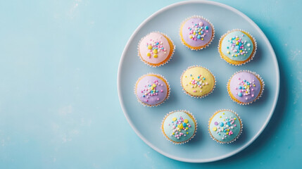 Pastel easter cupcakes on blue plate for holiday celebration and party decor