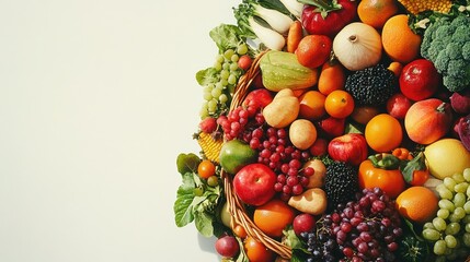 Fruits and veggies neatly arranged in a supermarket basket, with a light background and space for text