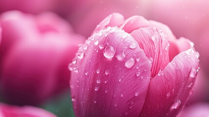 Poster - Close Up Pink Tulip With Drops For Background