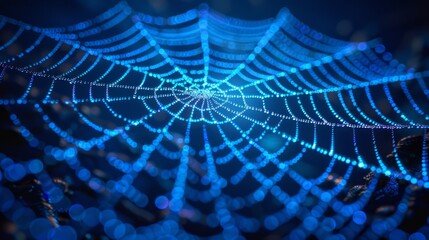 A spider web with dew drops, illuminated by blue light.